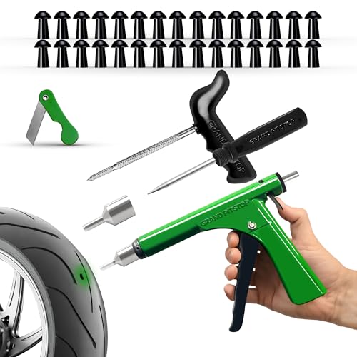 GRAND PITSTOP Tubeless Tire Gun Puncture Repair Kit with Mushroom Plug for Tyre Punctures and Flats on Cars, Motorcycles, ATV, Trucks & Tractors (Gun Puncture Kit 30 Plugs) - color: Gun Kit+ 30 Plugs