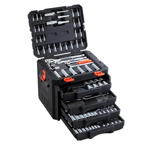 VEVOR Mechanics Tool Set, 297-Piece Mechanic Tool Kit, 1/4 in, 3/8 in, and 1/2 in Drive, SAE and Metric Socket Set, Wrenches, Screwdriver Bits, Accessories, and Storage Case, for Automotive Repair - size: 297-PCS