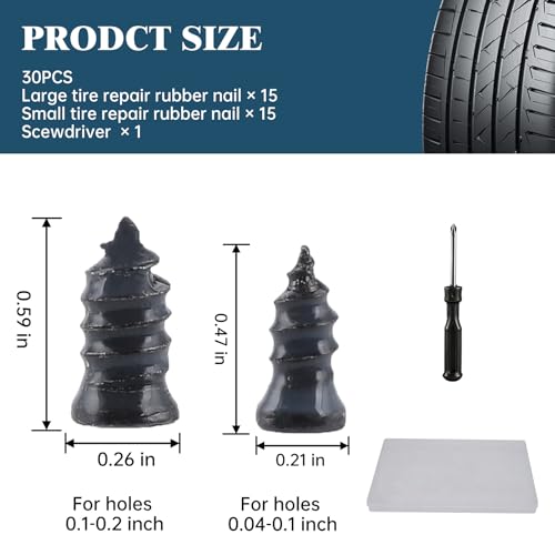 30 PCS Tire Repair Rubber Nail Kit, Vacuum Tire Repair Kits Spiral Rubber Nails, Self-Service Screw in Tire Repair Plugs for Car, Truck, Motorcycle, Tractor Tire Puncture Repair - size: 30PCS