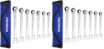 WORKPRO 7-Piece Ratcheting Combination Wrench Set, 72 Teeth, Cr-V Constructed, Combo Ratchet Wrenches Set with Roll Up Pouch, Metric 8mm-17mm (Pack of 2) - size: Metric (Pack of 2)