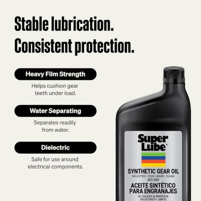 Super Lube Synthetic Gear Oil - Heavy Duty Synthetic Machinery Oil for Truck & Auto Maintenance - NSF H1 Food Grade Gear Lubricant - ISO 320 - Translucent Amber - Bottle - 1 qt (54300) - size: ISO 320 - 1 Quart