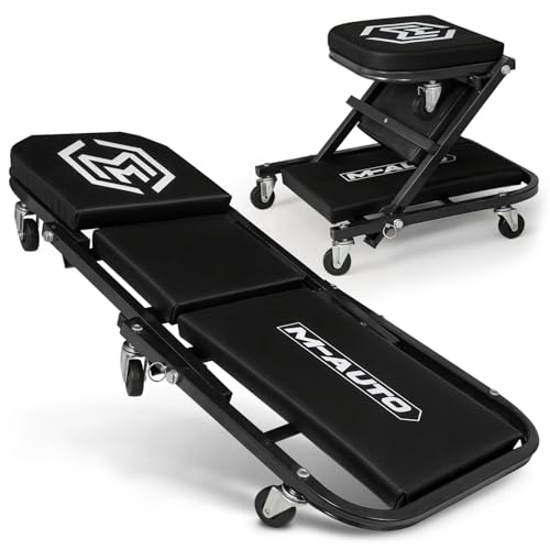 M-AUTO 40-Inch Folding Creeper Rolling Seat, All-in-One Adjustable Roller Garage Chair, Lay Down or Sit, 330LBS Capacity Under Car Roller Creeper with 6 Swivel Casters, Black - color: Black, size: 40"