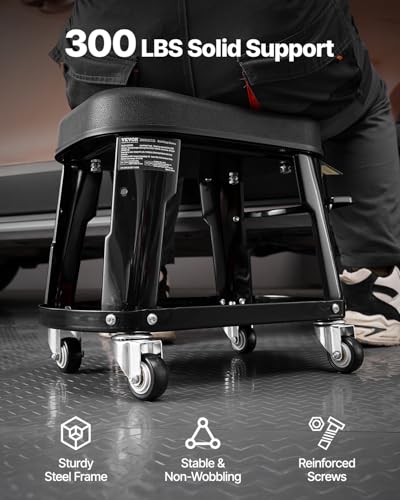 VEVOR Mechanic Stool, 300 lbs Capacity, Black, Industrial Style, Plastic Seat, Wheels, 360 Swivel, Tool Tray, Screwdriver Rack