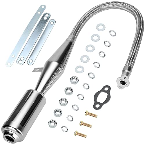 FVRITO Viper Flexible Exhaust Muffler Pipe Silencer with Hardware for 2 Stroke 49cc 60cc 66cc 80cc 100cc Engine Gas Motorized Bicycle Motor Bike Parts Silver - color: Silver