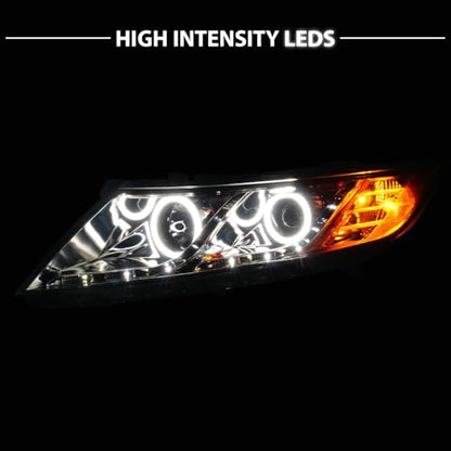 AmeriLite for 2011-2015 Kia Optima Halogen Model Xtreme LED Halos Gun-Metal Replacement Projector Headlights Set - Driver and Passenger Side - color: Gun Metal