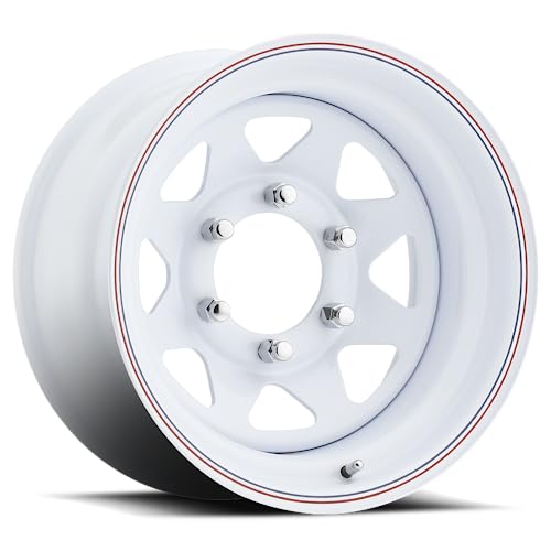 Allied Wheel 80W White 8-Spoke 15x5 5X4.5, 2.8"BS, 3.19"CB, Durable Gloss White Finish Steel Wheel for Cars and Light Trucks, Chrome Cap Included, Protective E-Coating - size: 15X5 | 5X4.5 | -3mm (3"BS)