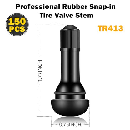 Tire Valve Stems Rubber Black Rubber Snap-in Valves,Tubeless Valve Stems Suit for 0.453 inch Rim Holes on Standard Vehicle Tires (150pcs（TR413-150pcs）) - size: 150pcs（TR413-150pcs）