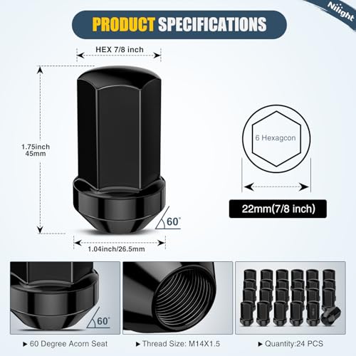 Nilight 24PCS M14x1.5 Lug Nuts One-Piece Compatible with 2012-2024 RAM 1500 - color: Black, size: 24PCS Suburban/Tahoe 1500 2000-2025