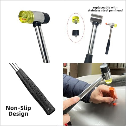 Car Dent Repair Kits,41 pcs Paintless Dent Removal Tools,Auto Body Dent Repair Tool Kit,with Big Curved Rod,Knock Down Pen with 7 Stainless Steel Pen Heads,Rubber Hammer and More.