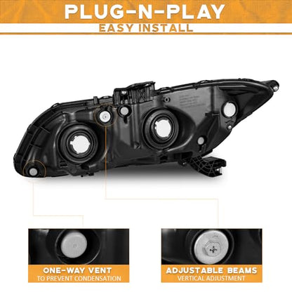 WEELMOTO Halogen Headlights Assembly for 2012-2015 Honda Civic 4Dr Sedan - color: Clear Lens l Black Housing l Clear Reflector