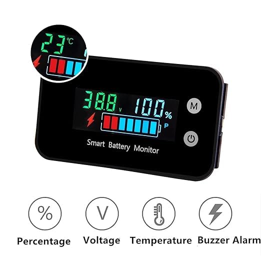 IPX7 Waterproof 7-100v Smart Battery Monitor with Buzzer Alarm &Temp - color: Black