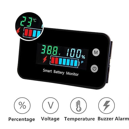 IPX7 Waterproof 7-100v Smart Battery Monitor with Buzzer Alarm &Temp - color: Black