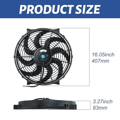 16 inch 12V Universal Slim Pull Push Electric Radiator Cooling Fan with Mounting Kit Black - size: 16"