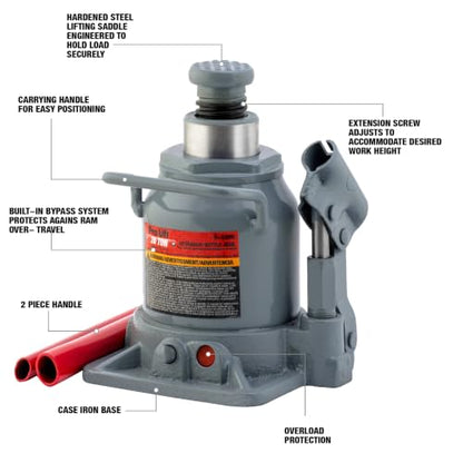 Pro-Lift B-S20D Grey Hydraulic Bottle Jack - 20 Ton Capacity - size: 20 Ton Capacity