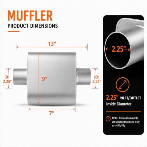 Pair of 2.25" ID Center/Center Single Chamber Mufflers - Aggressive Deep Sound, Aluminized Steel, Weld/Clamp-On (13" Total Length) - color: SILVER, size: 2.25 Inch