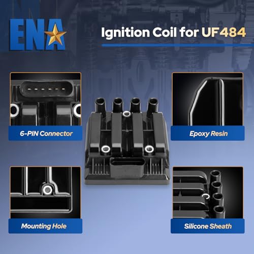 ENA UF484 Ignition Coil Pack with Spark Plug Wire Set 27588 Compatible with Volkswagen 2001-2009 Beetle, 2001-2007 Golf, 2007-2010 Golf City, 2006 GTI, 2001-2010 Jetta, 2007-2009 Jetta City 2.0L L4