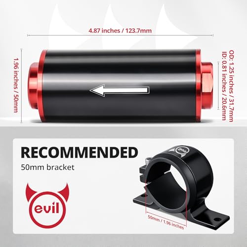 EVIL ENERGY Inline Fuel Filter 100 Micron with 6AN 8AN 10AN Adapter&Bracket Clamp 50MM Universal Red