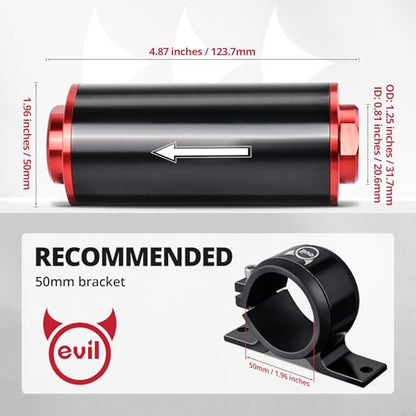 EVIL ENERGY Inline Fuel Filter 100 Micron with 6AN 8AN 10AN Adapter&Bracket Clamp 50MM Universal Red