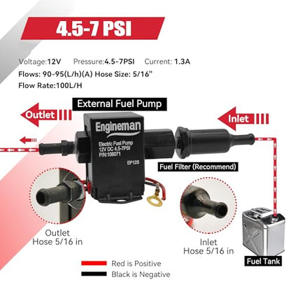 Universal Electric Fuel Pump Kit 12V 4.5-7psi Low Pressure Electric Fuel Pump With Installation Kit For Carburetor Gasoline or Diesel Engine EP12S - size: EP12S 4.5-7 PSI