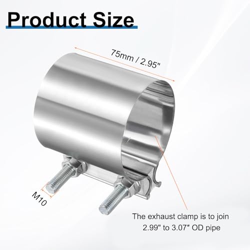 HARFINGTON Exhaust Clamp 3.07" Stainless Steel Lap Joint Band Clamp Exhaust Pipes Connection with M10x55.5 Screws for Car Muffler Elbow Pipes - size: 3.07 inch