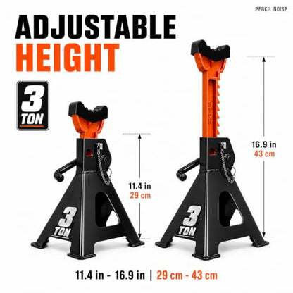 Jack Stands, 3 Ton Capacity with Rubber Cover and Large Foot Base, Double Locking Car Lifting Stand, Black Orange, 1 Pair - color: Black Orange(with rubber cover)