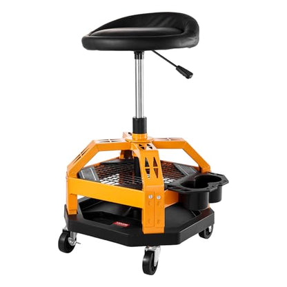 VEVOR Mechanic Stool Dual Storage Trays Rolling Stool and Garage Stool with Adjustable Height 23.6–29.5 in,Soft Waterproof Cushion 360° Swivel Casters 330 LBS Capacity Heavy Duty - color: Yellow