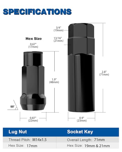 GAsupply M14x1.5 Extended Open Lug Nuts Black, 1.9" Tall 17mm Hex Cone Seat - color: Black, size: M14x1.5, style: Long Open