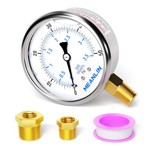 MEANLIN MEASURE 0~50Psi Stainless Steel 1/4" NPT 2.5" FACE DIAL Liquid Filled Pressure Gauge WOG Water Oil Air Lower Mount, with 1/2" NPT and 3/8" NPT Hex Bushing - size: 0-50Psi