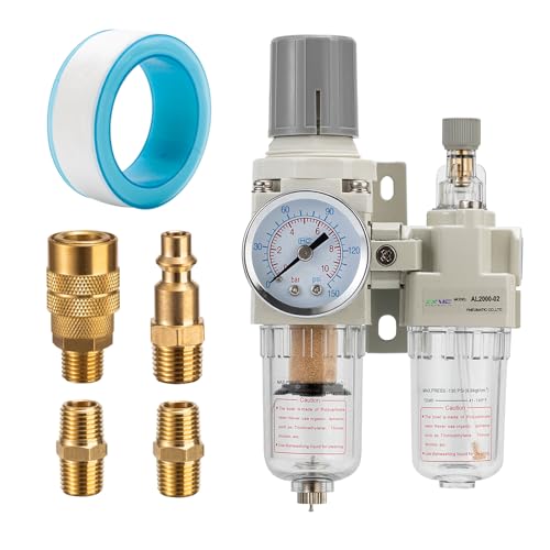 1/4" NPT Compressed Air Filter Regulator Lubricator Combination Water/Oil Trap Separator - Specifications (0-150 psi),5 Micron Brass Element,polyethylene Bowl,Manual Drain,Bracket - size: 1/4NPT, style: Semi-Auto Drain