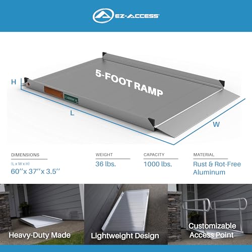 EZ-ACCESS - Aluminum Portable Wheelchair Ramp - Heavy Duty Mobility Device, Handicap Ramp with Textured Surface for Steps, and Self-Adjusting Bottom Transition Plates - 3G 5-Foot - size: 60 Inch (Pack of 1), style: Ramp Only