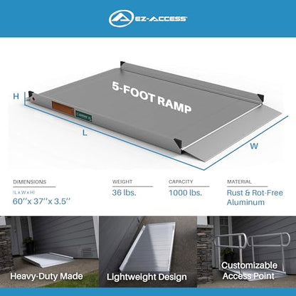 EZ-ACCESS - Aluminum Portable Wheelchair Ramp - Heavy Duty Mobility Device, Handicap Ramp with Textured Surface for Steps, and Self-Adjusting Bottom Transition Plates - 3G 5-Foot - size: 60 Inch (Pack of 1), style: Ramp Only