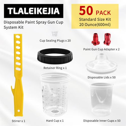Disposable Paint Spray Gun Cup System Kit – 27oz (800ml) Automotive Paint Cup with 50 Disposable Liners and Lids, 1 Hard Cup with Retainer Ring & 10 Plugs, Mixing & Storage Cup for HVLP Paint Sprayers - size: 800ml/27oz