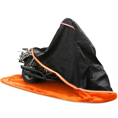 Full Enclosed Motorcycle Cover - Waterproof for Outdoor & Indoor Storage, 600D Heavy Duty with Reflective Strips, Fits Scooters&Touring Motorcycles up to Length 96.5" x 45" x 53"Black&Orange