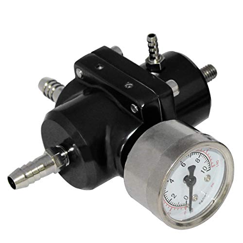 Universal Adjustable Fuel Pressure Regulator Kit with 0-140 PSI Gauge Aluminum Gas Oil Injection Pressure Regulator - color: Black