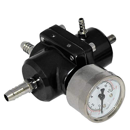 Universal Adjustable Fuel Pressure Regulator Kit with 0-140 PSI Gauge Aluminum Gas Oil Injection Pressure Regulator - color: Black