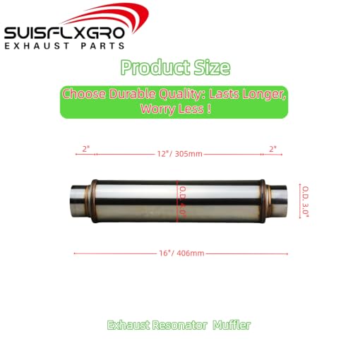 Exhaust Resonator, Straight Gasflow Design, Quiet and Deep Sound Muffler, Made of 100% Stainless (3.0X16/20) - size: 3.0X16/20