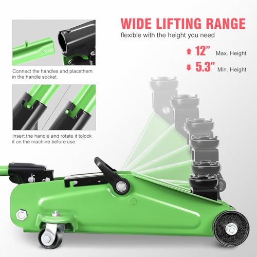 DNA MOTORING Low Profile Hydraulic Trolley Service/Floor Jack, 1.5 Ton (3000 lbs) Capacity, Lifting Range 5.3"-12", Green, TOOLS-00326-GR - color: Green, style: 1.5 ton