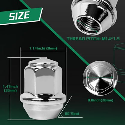 M14*1.5 One-Piece Lug Nuts,20 pcs OEM Factory Style Chrome Wheel Nuts for 2015-2023 Ford Edge Mustang Explorer Fusion GT/Lincoln Aviator MKX MKZ 611-007 ACPZ-1012-D ACPZ-1012-M - size: M14x1.5
