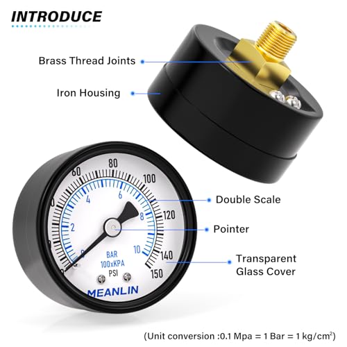 MEANLIN MEASURE 0-150Psi 2" DIAL FACE 1/8" NPT Well Pump Pressure Gauge, with 1/4" NPT and 3/8" NPT Hex Bushing, 3-2-3% Accuracy, Center Back Mount - color: 1/8"NPT Back Mount, size: 0-150Psi