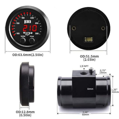 52mm Water Temperature Gauge with Joint Pipe Adaptor 32MM - color: Red, size: Joint Pipe: 32MM Black