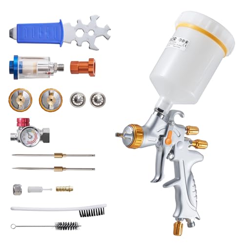 VEVOR HVLP Air Spray Gun, Gravity Feed Paint Sprayer Gun with 3 Nozzles (1.3/1.4/1.7mm), 600ml Capacity Auto Paint Sprayer with Air Regulator for Automotive Primers, Clear Coats & Topcoats - size: HVLP -1.3/1.4/1.7mm