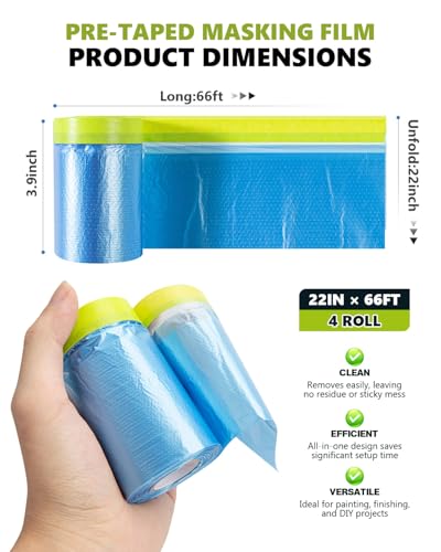 Pre-taped Automotive Masking Film for Painting - 22" x 66', 4 Rolls - color: Blue, size: 4 Rolls of 22" x 66'