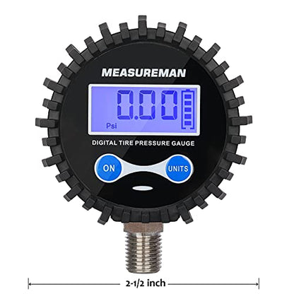 MEASUREMAN 2-1/2" Dial Size Digital Air Pressure Gauge with 1/4'' NPT Bottom Connector and Protective Boot, 0-15psi, Accuracy 1%, Battery Powered (Pack of 2) - size: Long thread (Pack of 2), style: 0-15psi
