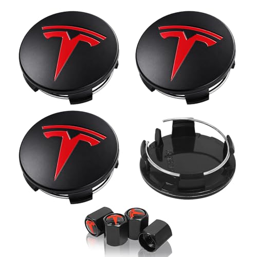 4 Pack Wheel Center Cover for Tesla Model 3 & Model Y,56mm Hubcaps Wheel Rim Cover Tesla Center Caps Hubcaps+4 Car Valve Stem Caps (Matte Black+Red Emblem) - color: Matte Black+Red Emblem