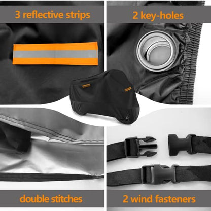 Motorcycle Cover Waterproof Outdoor Storage All Season Universal Weather Rain Snow Sun Winter Durable with Lockhole Night Reflective Black Oxford 116" Extra Large Heavy Duty Touring Protection - size: 116" Length