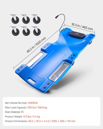VEVOR 40 in Mechanic Creeper with LED Light, Low Profile Plastic Garage Creeper, 350 lbs Under Car Rolling Creeper with 6 Swivel Casters, Padded Headrest & Tool Trays for Auto Repair - color: Blue