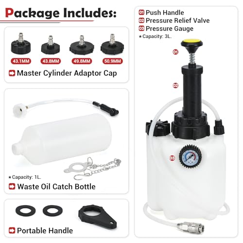 3L Manual Brake Bleeder Fluid Pump with 1L Brake Bleed Bottle and 4 Master Cylinder Adapters,Professional Brake Bleeder Kit Suitable for Most Brake Mast Cylinder Reservoirs