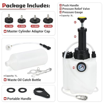 3L Manual Brake Bleeder Fluid Pump with 1L Brake Bleed Bottle and 4 Master Cylinder Adapters,Professional Brake Bleeder Kit Suitable for Most Brake Mast Cylinder Reservoirs