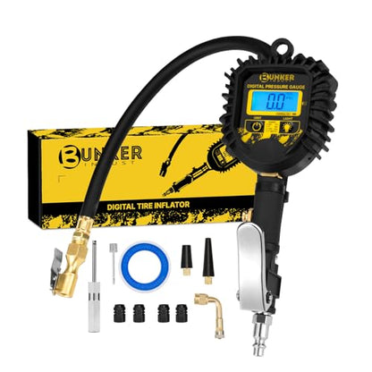 BUNKER INDUST Digital Tire Inflator with Pressure Gauge, Heavy Duty Air Chuck and Compressor Accessories with Built-in Top Light and Quick Connect Coupler, 0-250 PSI