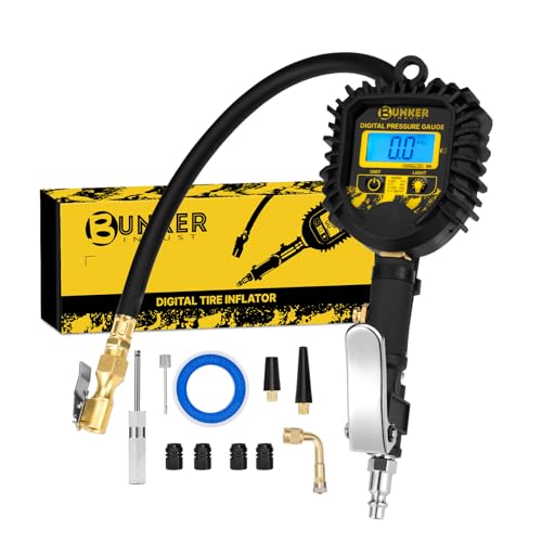 BUNKER INDUST Digital Tire Inflator with Pressure Gauge, Heavy Duty Air Chuck and Compressor Accessories with Built-in Top Light and Quick Connect Coupler, 0-250 PSI